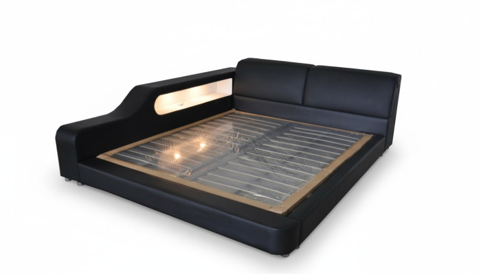 Lit de design XXL Grands lits revêtus de cuir 200x200cm Hôtel Étagère multifonction USB