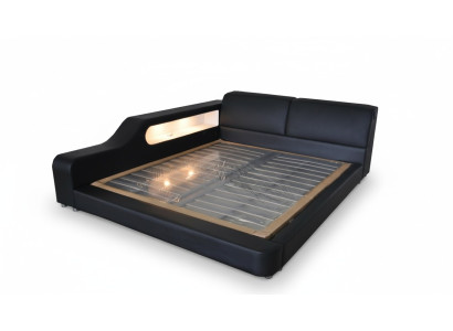 Lit de design XXL Grands lits revêtus de cuir 200x200cm Hôtel Étagère multifonction USB