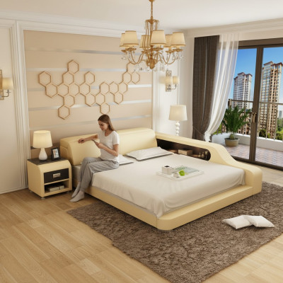 Conception Lit Double Rembourré Moderne de Chambre à Coucher 200x210cm avec USB & Étagère