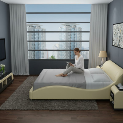Design Lit double rembourré Moderne Lits Chambre avec USB et Étagère 200x210 cm