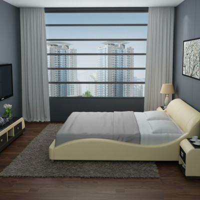 Design Lit double rembourré Moderne Lits Chambre avec USB et Étagère 200x210 cm