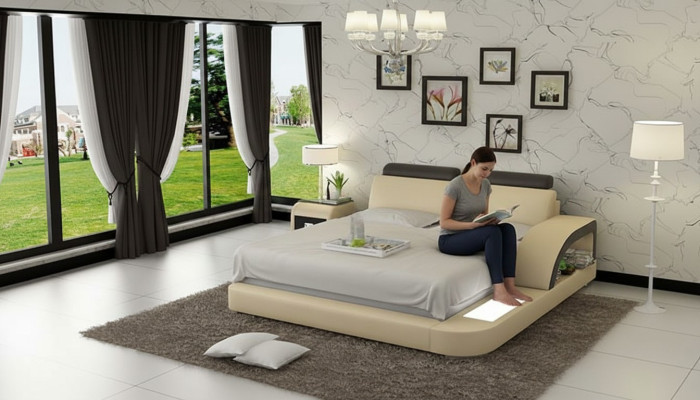 Conception Lit Double Rembourré Moderne avec Lit de 160x200cm USB & Étagère