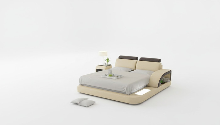 Conception Lit Double Rembourré Moderne avec Lit de 160x200cm USB & Étagère
