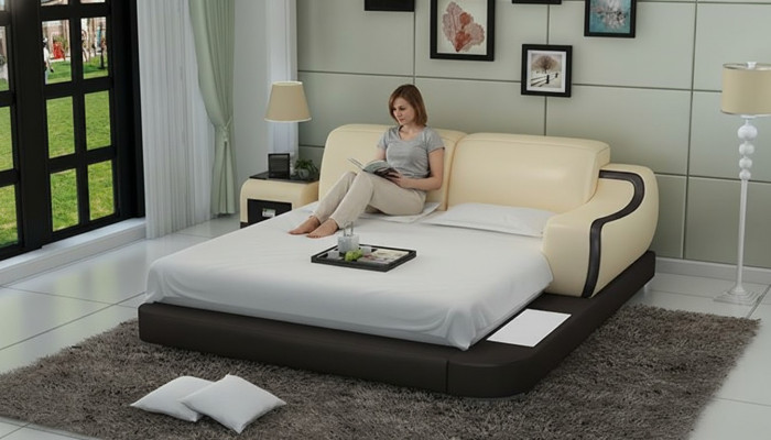 Design Bed XXL Lits géants Hôtel Rembourrage 200x200 Étagère multifonction USB en cuir