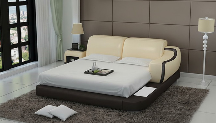 Design Bed XXL Lits géants Hôtel Rembourrage 200x200 Étagère multifonction USB en cuir