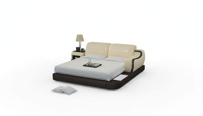 Design Bed XXL Lits géants Hôtel Rembourrage 200x200 Étagère multifonction USB en cuir