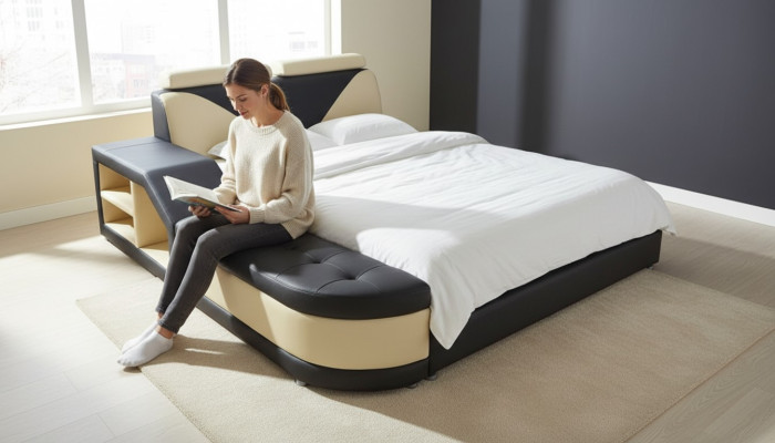 Conception Lit Multifonction XXL Grands Lits Cuir Hôtel Rembourrage 180x200 Étagère USB