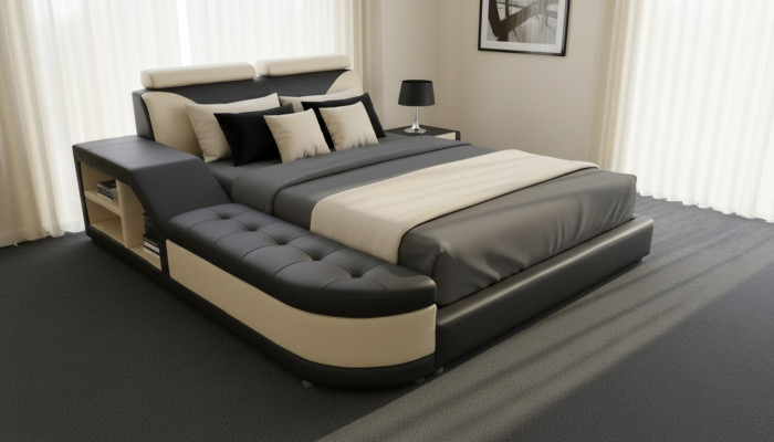 Conception Lit Multifonction XXL Grands Lits Cuir Hôtel Rembourrage 180x200 Étagère USB