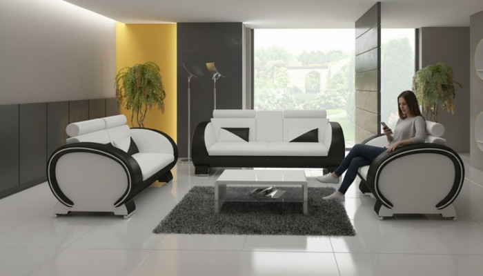 Canapé en cuir + canapé USB 3 places canapé de détente avec fonction bar Suite design