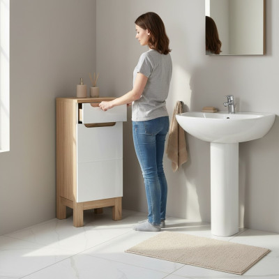 Meuble de salle de bain avec étagères et pieds blancs laqués brillants