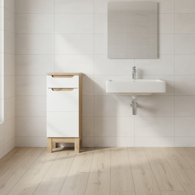 Meuble de salle de bain avec étagères et pieds blancs laqués brillants