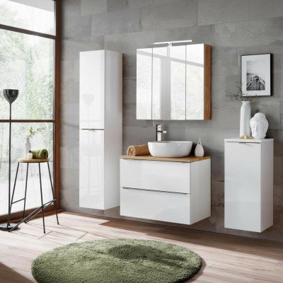 Ensemble de 4 pièces de meubles de salle de bain Design. Ensemble de suite décorative comprenant armoire, lavabo.