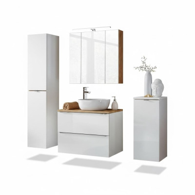 Ensemble de 4 pièces de meubles de salle de bain Design. Ensemble de suite décorative comprenant armoire, lavabo.
