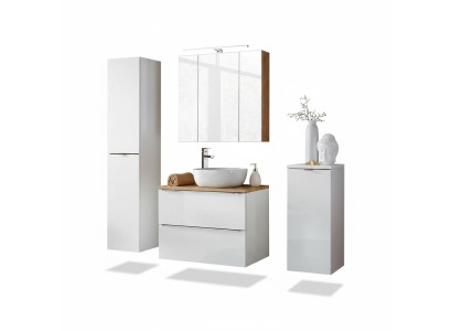 Ensemble de 4 pièces de meubles de salle de bain Design. Ensemble de suite décorative comprenant armoire, lavabo.