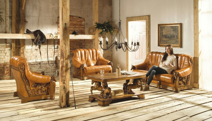 Canapé classique trois places en cuir véritable 100% avec structure en bois (sans 2+1) neuf
