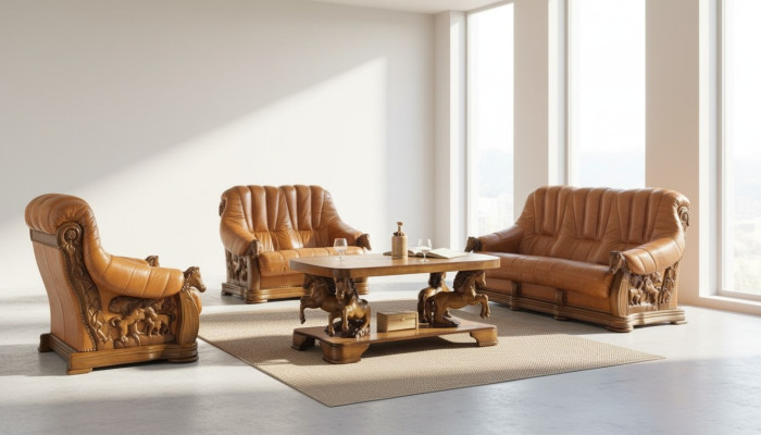Canapé classique trois places en cuir véritable 100% avec structure en bois (sans 2+1) neuf