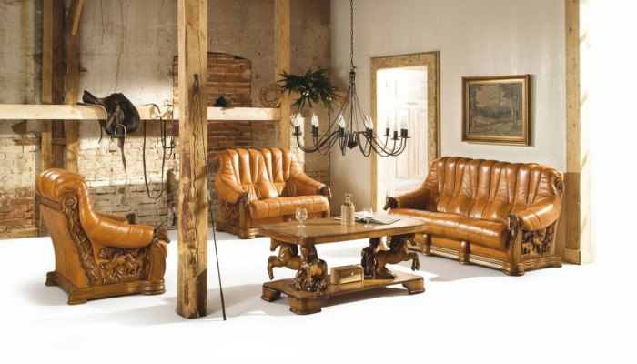 Canapé classique trois places en cuir véritable 100% avec structure en bois (sans 2+1) neuf