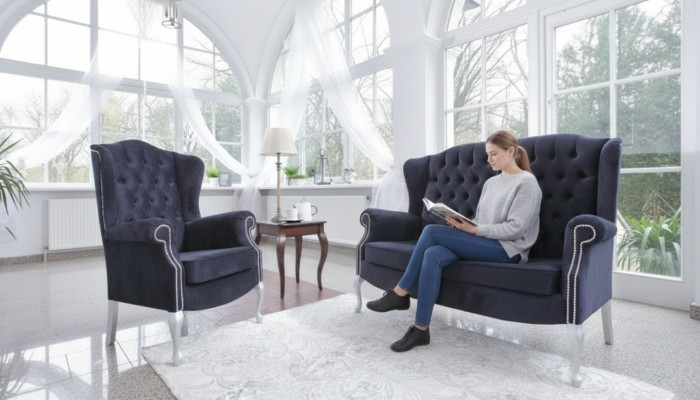Canapé Chesterfield classique 3+1 places en velours.