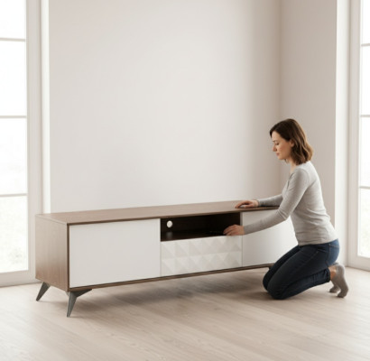 Conception de meuble de télévision à bord bas, design de console, télévision, chaîne latérale, panneaux luxueux, étagères neuves, nouvelle commode, armoire.