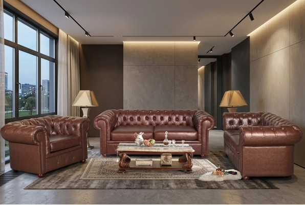 Canapé Chesterfield 2+1 places en cuir Ensemble de sièges Canapé 2+1