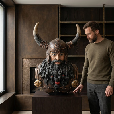 Buste d'un guerrier portant un casque de 70 cm avec des cornes, statue viking, statues figurines.