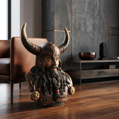Buste d'un guerrier portant un casque de 70 cm avec des cornes, statue viking, statues figurines.