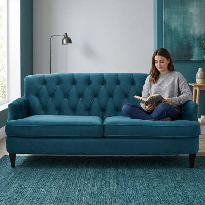 Canapé de salon de luxe design bleu royal turquoise trois places.
