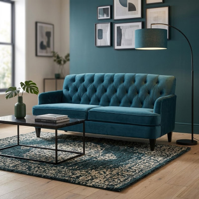Canapé de salon de luxe design bleu royal turquoise trois places.