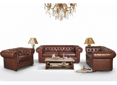 Canapé Chesterfield en cuir brun classique avec revêtement capitonné 3 places