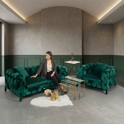 Vert Chesterfield 3+1 ensemble de sièges en tissu de canapé canapés suite d'ameublement