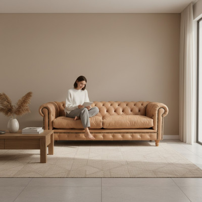 Canapé en cuir design - Chesterfield en tissu trois places de 220 cm
