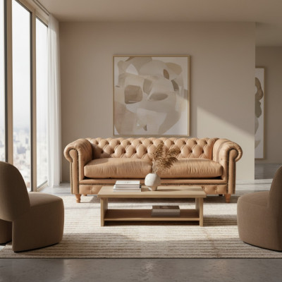 Canapé en cuir design - Chesterfield en tissu trois places de 220 cm