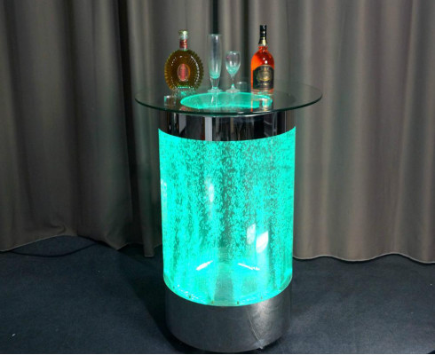 Comptoir de bar à LED, mur d'eau, étagère, mobilier de comptoir éclairé, table basse.