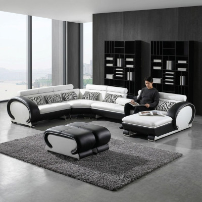 Canapé en cuir Canapé d'angle + 2x Tabouret Suite Tapisserie en forme de U Design de canapé