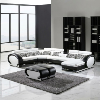 Canapé en cuir Canapé d'angle + 2x Tabouret Suite Tapisserie en forme de U Design de canapé