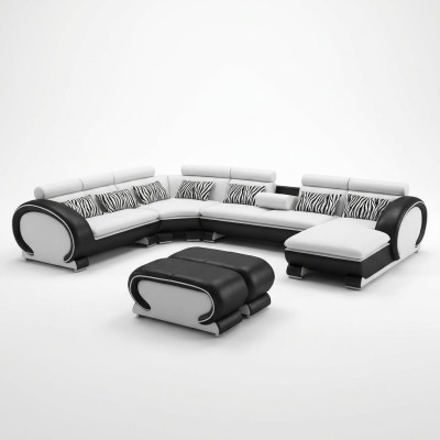 Canapé en cuir Canapé d'angle + 2x Tabouret Suite Tapisserie en forme de U Design de canapé