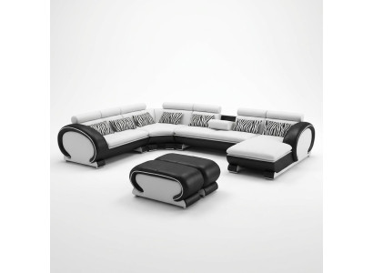 Canapé en cuir Canapé d'angle + 2x Tabouret Suite Tapisserie en forme de U Design de canapé