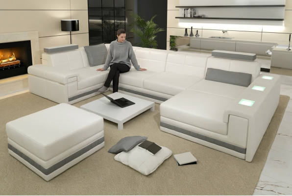 Canapé d'angle Sofa Paysage vivant en forme de U Rembourrage Canapé Canapé en cuir + Tabouret