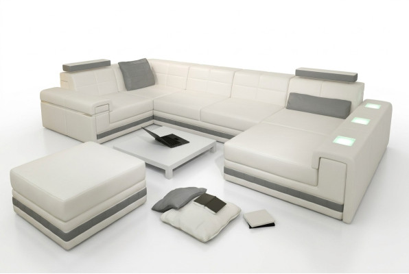 Canapé d'angle Sofa Paysage vivant en forme de U Rembourrage Canapé Canapé en cuir + Tabouret