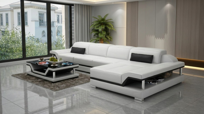 Canapé d'angle design en cuir blanc en forme de L pour salon paysager