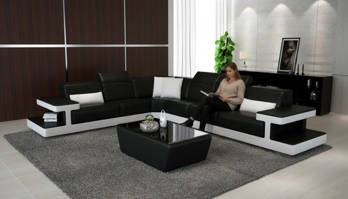 Canapé en cuir Canapé en L en cuir Salon paysage décor Canapé d'angle Suite Design Moderne