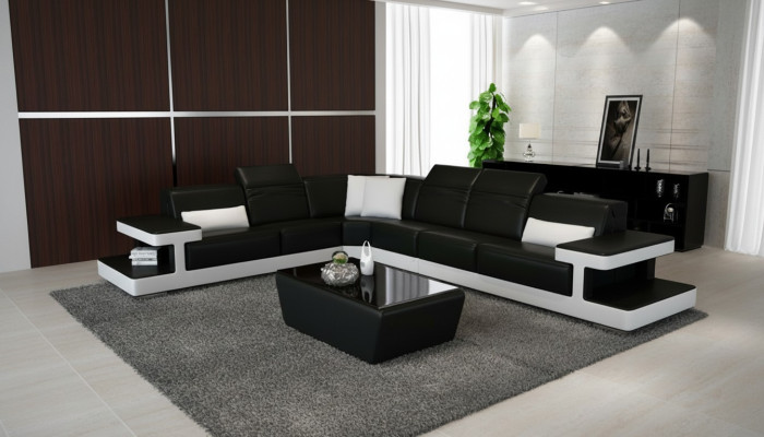 Canapé en cuir Canapé en L en cuir Salon paysage décor Canapé d'angle Suite Design Moderne
