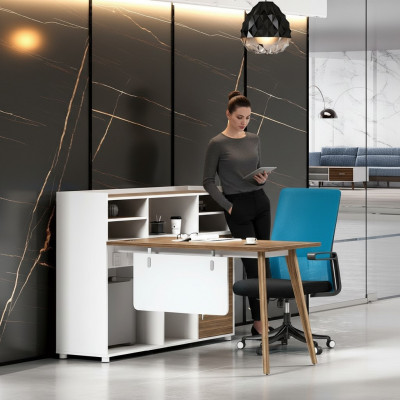 Bureau de luxe en bois au design moderne et aux couleurs vives.