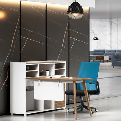 Bureau de luxe en bois au design moderne et aux couleurs vives.