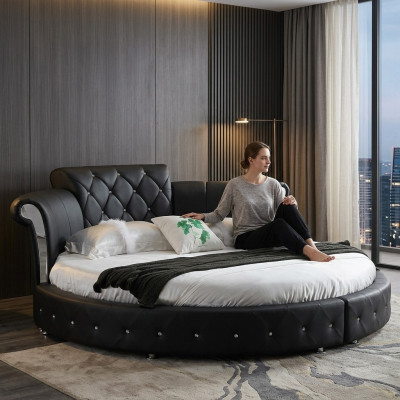 Lit Chesterfield de luxe Design Rond Rembourrage Lit Rond Classique Cuir Velours