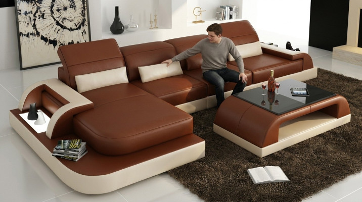 Canapé d'angle en forme de L en tissu marron Suite de revêtement de canapé Salon Design Canapé d'angle en cuir