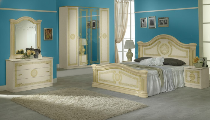 Chambre de luxe avec lit en bois classique et table de chevet, ensemble de meubles design en 6 pièces.