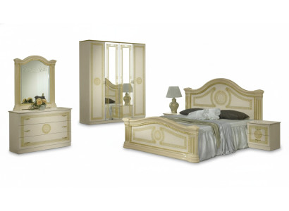 Chambre de luxe avec lit en bois classique et table de chevet, ensemble de meubles design en 6 pièces.