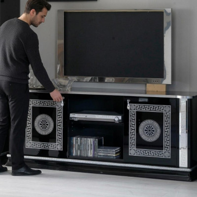 Table de télévision noire, armoire de télévision, meuble bas, table de télévision design, armoire de télévision.