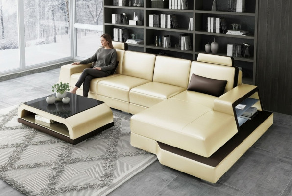 Canapé d'angle Sofa Salon paysage en forme de L canapé rembourrage Canapé Cuir Beige Canapés